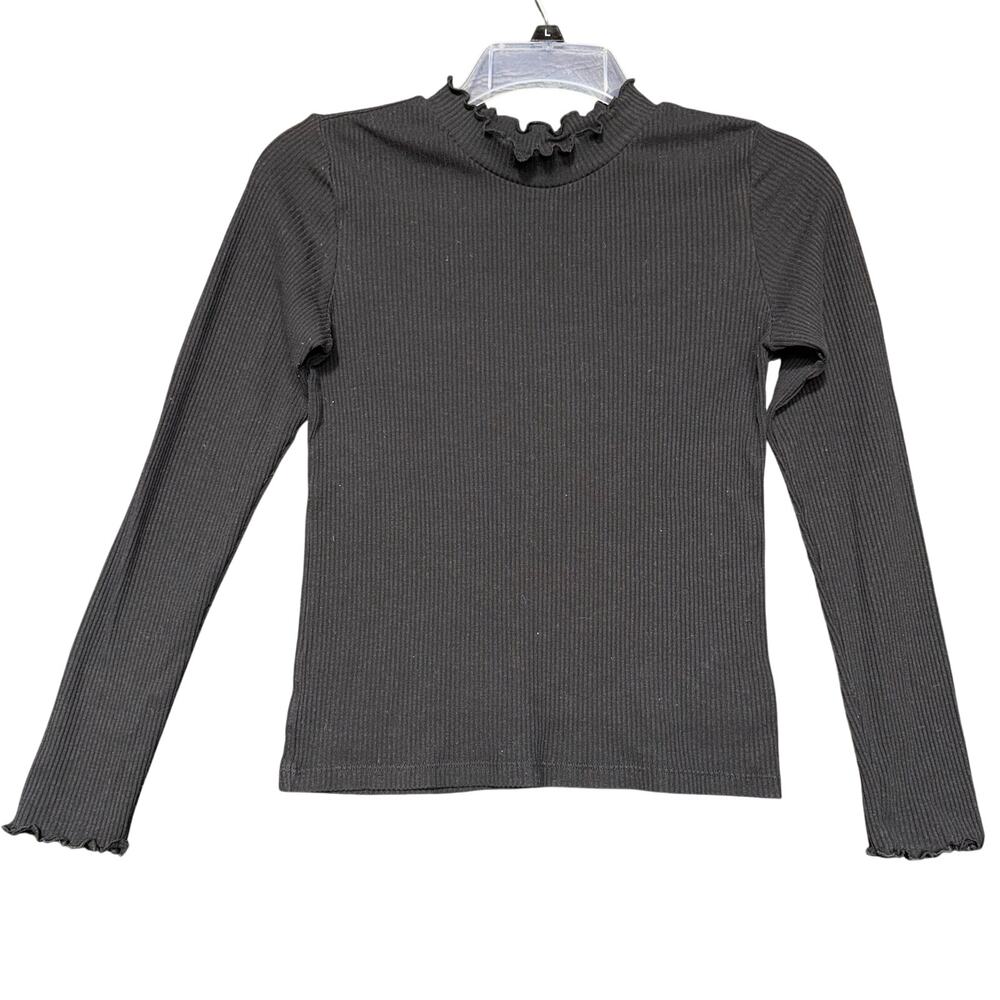 Old Navy Girls Rib Knit Shirt Top Pullover Ruffled Mock Neck Stretch Black XL